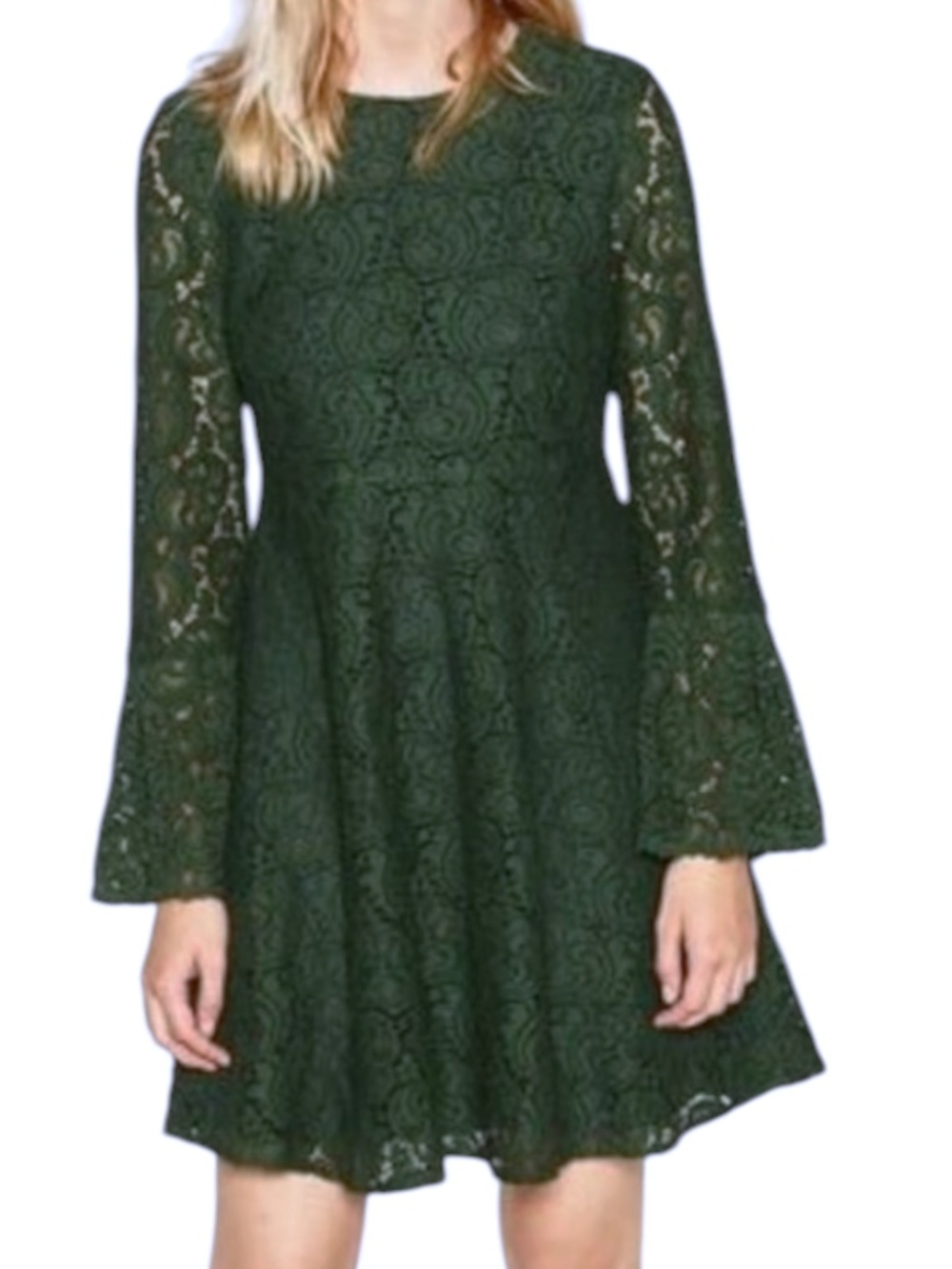 Zara Green Lace Bell Sleeve Tulip Dress Size XS